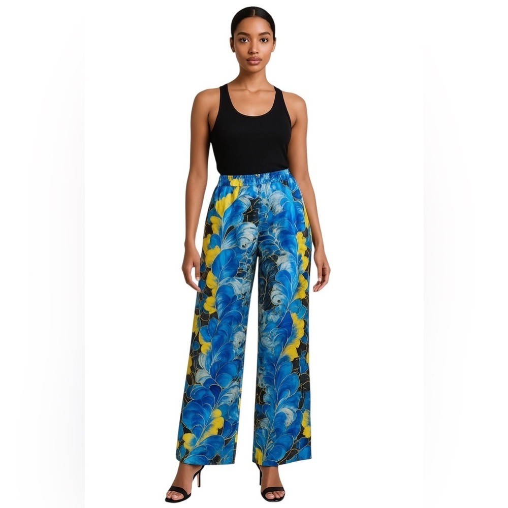 Romance Was Born Silk Wide Leg Pants Blue Abstract Print High Rise Palazzo 8